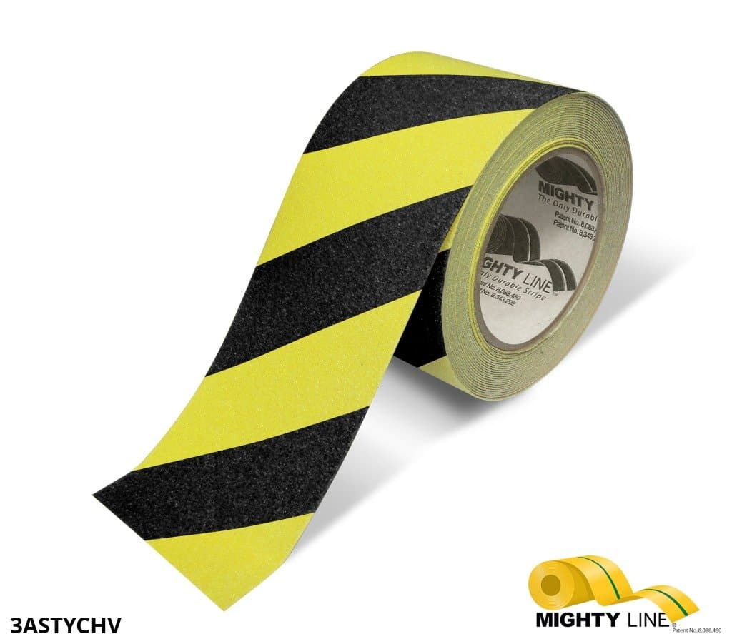 Mighty Line 3 Yellow With Black Chevrons Anti-Slip Floor Tape - 60' Roll -  Strapping Products